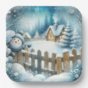 Assiettes En Carton Charmant Snowman Avec Cottage De Noël