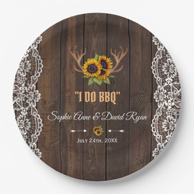 Assiettes En Carton Charme Fleurs de soleil rustiques Antlers Dentelle (Devant)