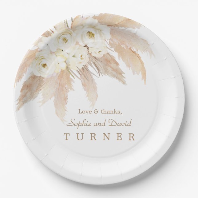 Assiettes En Carton Charme Roses Blanches Pampas Mariage en herbe (Devant)