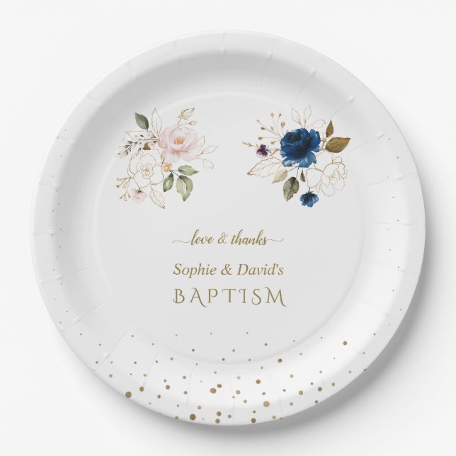 Assiettes En Carton Charming Rose Blue Gold Flowers Twins Baptême Squ (Devant)