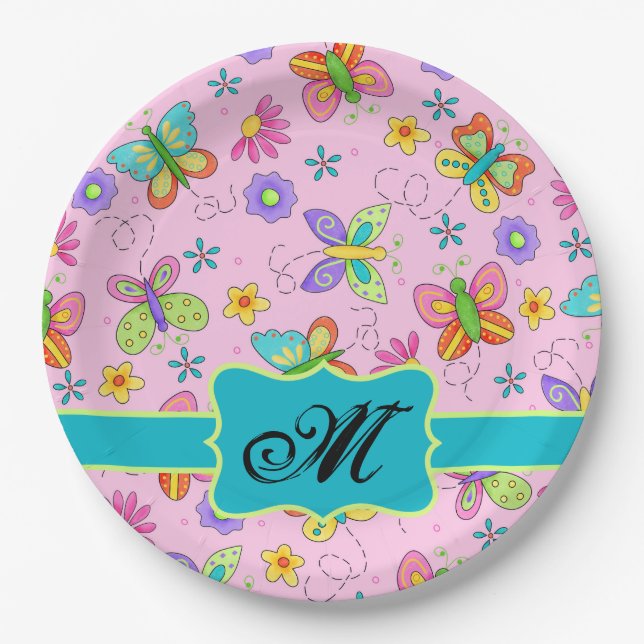 Assiettes En Carton Charming Whimsy Butterflies Pink Monogramme (Devant)