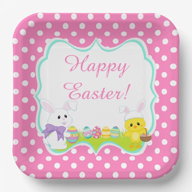 Assiettes En Carton Chasse aux oeufs de Pâques mignonne lapin et pouss (Recto)