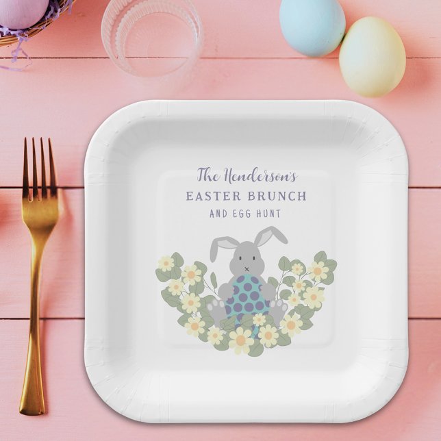 Assiettes En Carton Chasse aux œufs de Pâques personnalisée Lapin Flor (Personalized easter egg hunt spring brunch cute bunny daisy floral party paper plate)