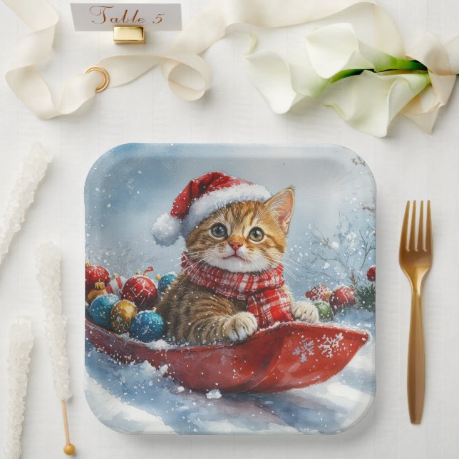 Assiettes En Carton Chat abyssinien en sledge laissez-le neiger Noël (Mariage)