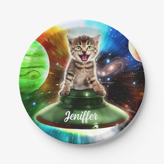 Assiettes En Carton Chat Alien dans la soucoupe de l'ufo (Devant)