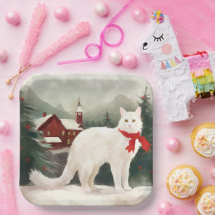 Assiettes En Carton Chat Angora turc en Noël de neige