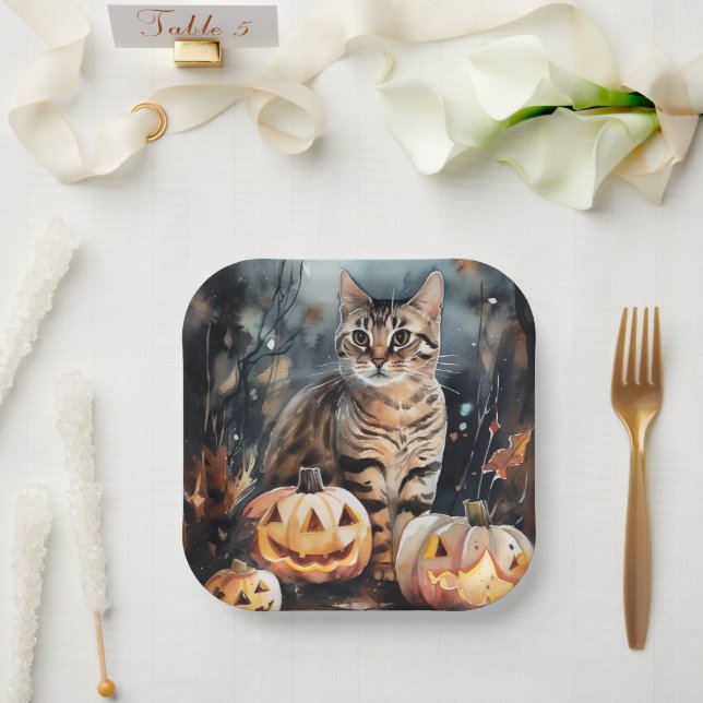 Assiettes En Carton Chat Bengale D'Halloween Avec Peur Citrouille (Mariage)