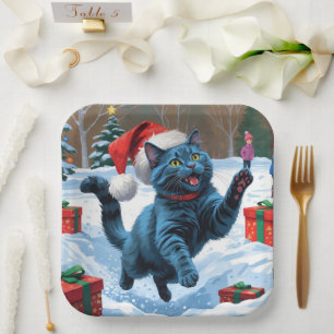 Assiettes En Carton Chat Bleu Russe Courant dans la Neige avec un Chap