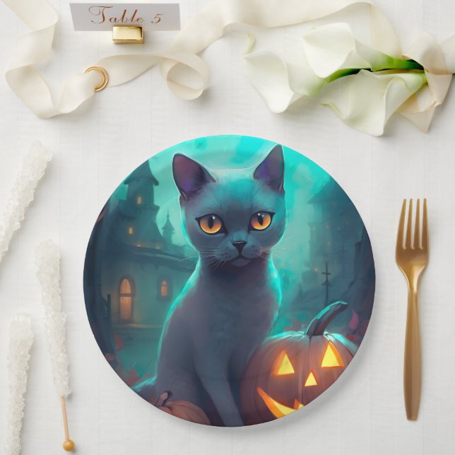 Assiettes En Carton Chat bleu russe d'Halloween avec la peur Citrouill (Mariage)