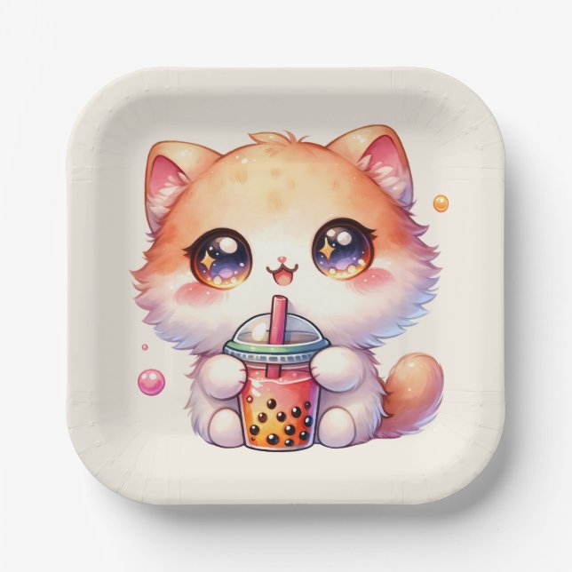 Assiettes En Carton Chat Boire Boba Cute Bubble Thé (Recto)