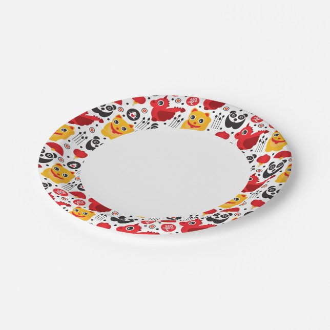 Assiettes En Carton Chat chanceux, dragon et panda (Angle)