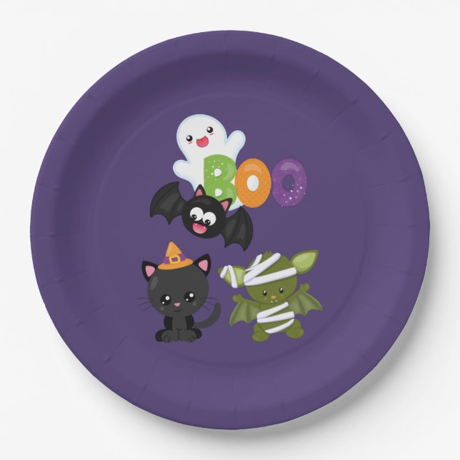 Assiettes En Carton Chat de Cute Halloween, bat, mummy et ghost (Devant)