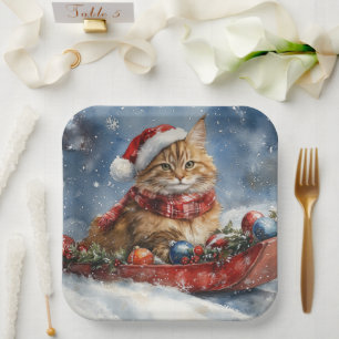 Assiettes En Carton Chat de Maine Coon en sledge Laisser neiger Noël
