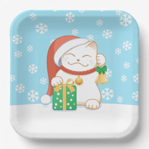 Assiettes En Carton Chat de Noël blanc dans un Casquette rouge