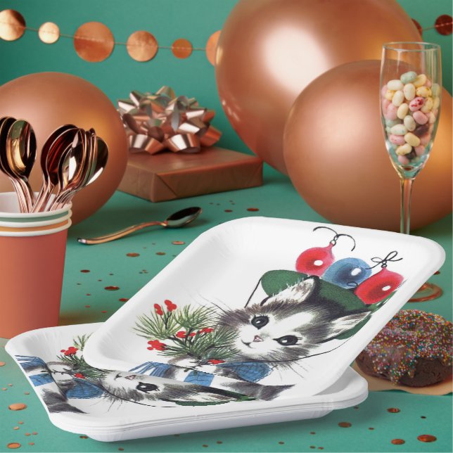 Assiettes En Carton Chat de Noël rétro vintage (Multi)