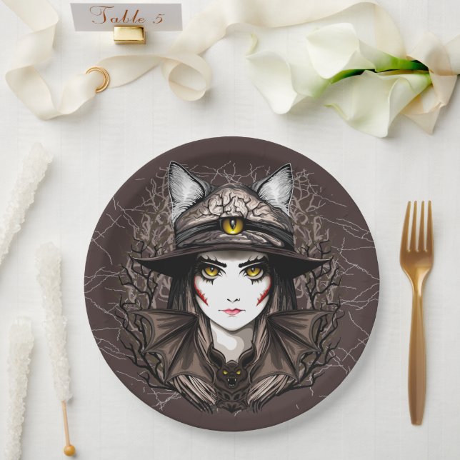 Assiettes En Carton Chat de sorcière Halloween Déplaisant Portrait mig (Mariage)