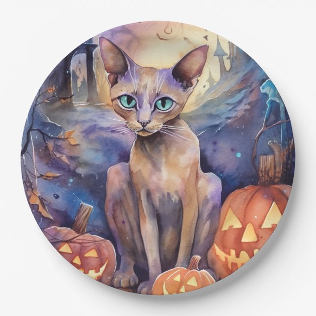 Assiettes En Carton Chat d'Halloween Abyssinian avec la peur Citrouill (Devant)
