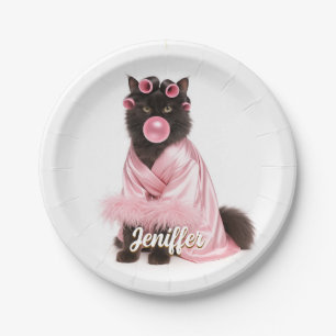 Assiettes En Carton Chat en robe rose avec bigoudis et bubble gum