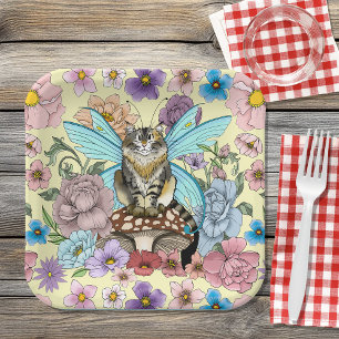 Assiettes En Carton Chat féerique tabby pastel fantaisiste floral 