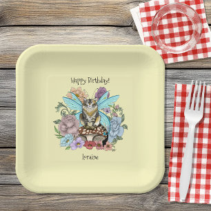Assiettes En Carton Chat féerique tabby pastel fantaisiste floral 