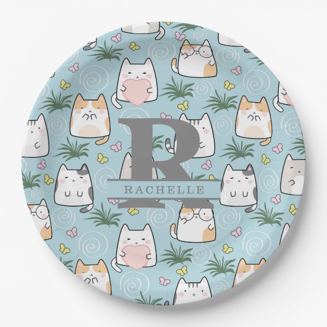 Assiettes En Carton Chat Kawaii dans un Arrière - plan bleu ciel (Devant)