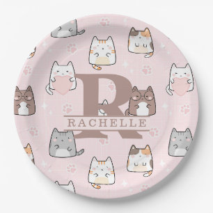 Assiettes En Carton Chat Kawaii en Arrière - plan rose