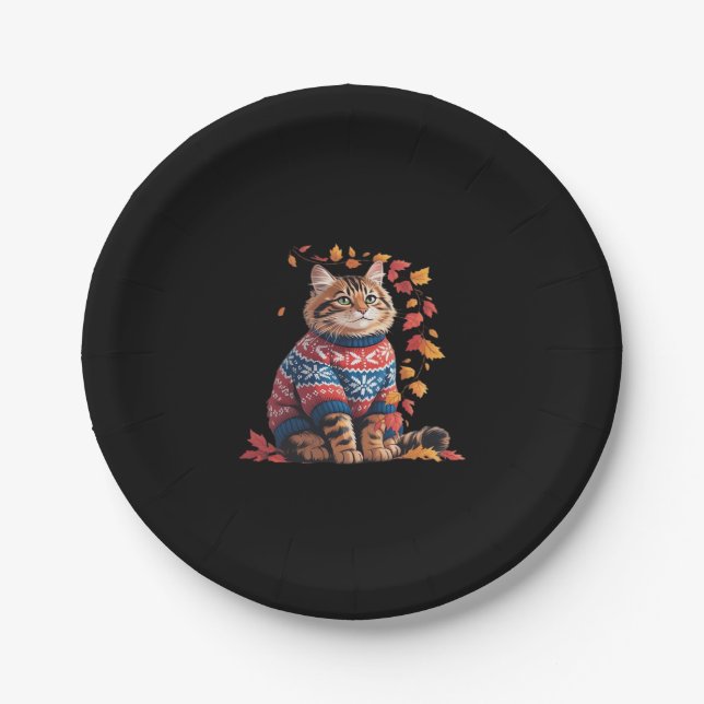 Assiettes En Carton Chat Leaf Automne Bonjour Automne Funny Chat Kitte (Devant)