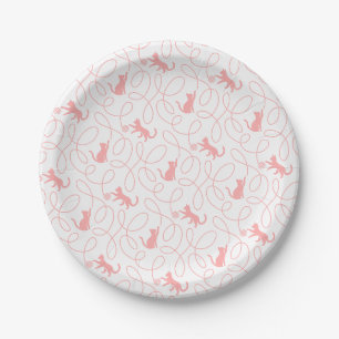 Assiettes En Carton Chat ludique et motif de pelote de laine Rose cora