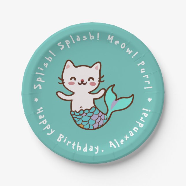 Assiettes En Carton Chat Mermaid Blue Girl Anniversaire Purrmaid Meowm (Devant)