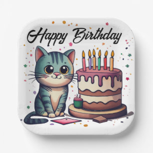 Assiettes En Carton Chat mignon Joyeux anniversaire