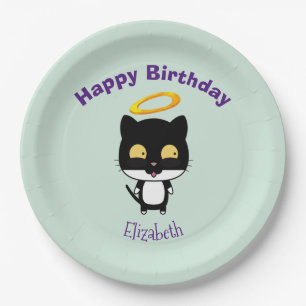 Assiettes En Carton Chat Noir Avec Halo Or Cute Angel Anniversaire
