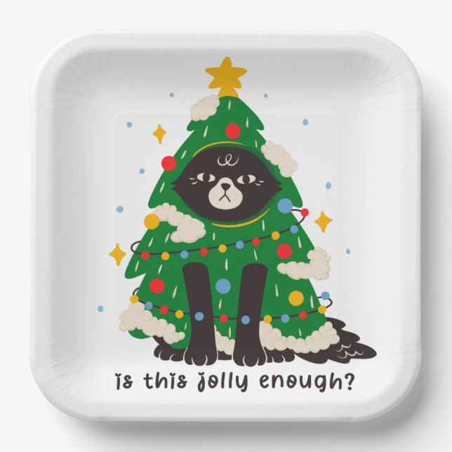 Assiettes En Carton Chat noir croustillant habillé en arbre (Recto)