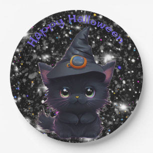 Assiettes En Carton Chat noir d'Halloween blanc mignon