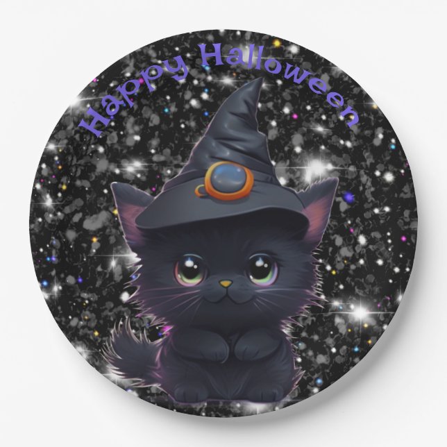 Assiettes En Carton Chat noir d'Halloween blanc mignon (Devant)