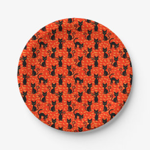 Assiettes En Carton Chat noir éffrayant Halloween Bats orange