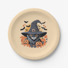 Assiettes En Carton Chat noir en sorcière Casquette Halloween