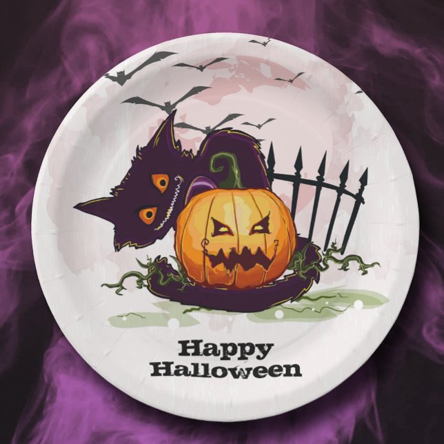 Assiettes En Carton Chat noir et Jack o' Lantern Halloween (Black Cat and Jack o' Lantern Happy Halloween Paper Plates)