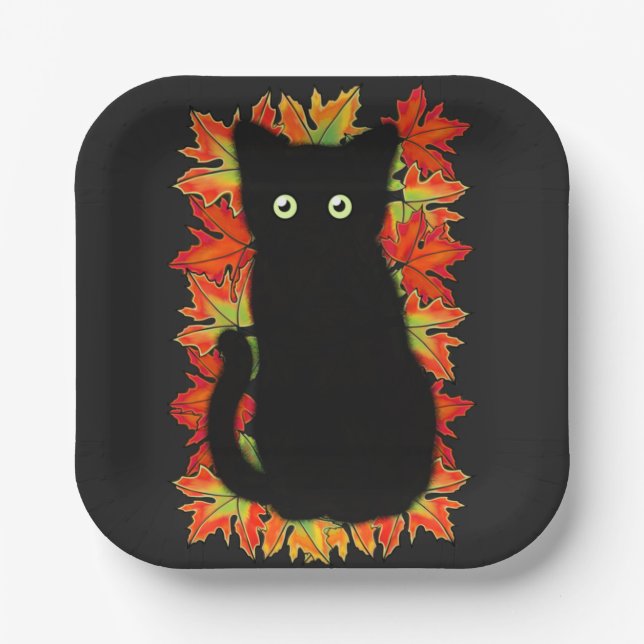 Assiettes En Carton Chat noir, Feuilles d'automne motif, Halloween amu (Recto)