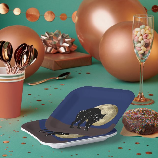 Assiettes En Carton Chat Noir Halloween Prowling Sur Une Nuit De Plein (Multi)