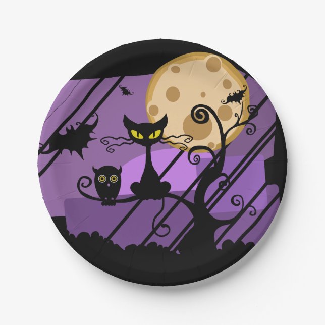 Assiettes En Carton Chat noir, hibou, et plaques à papier de Halloween (Devant)