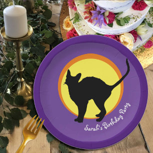 Assiettes En Carton Chat noir & Lune Enfants (Plaques de fête)