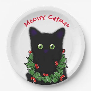 Assiettes En Carton Chat Noir   Meowy Catmas Holly baies Noël