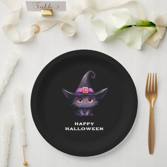 Assiettes En Carton Chat noir mignon portant l'Halloween Casquette d'u (Mariage)