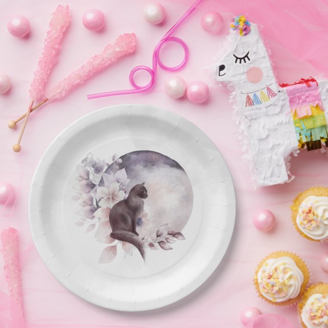 Assiettes En Carton Chat noir par une Pleine lune magique (Fête)