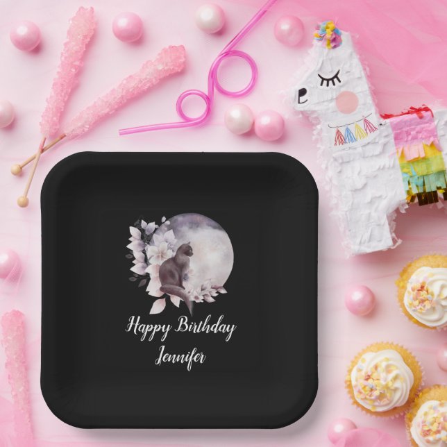 Assiettes En Carton Chat noir par une Pleine lune magique Anniversaire (Fête)