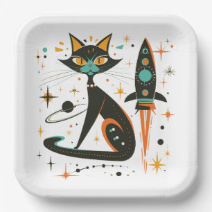 Assiettes En Carton Chat noir rétro MCM vaisseau spatial étoiles planè