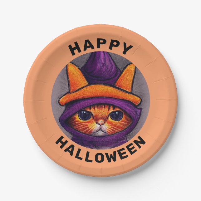 Assiettes En Carton Chat orange avec sorcière violette Casquette Bonne (Devant)