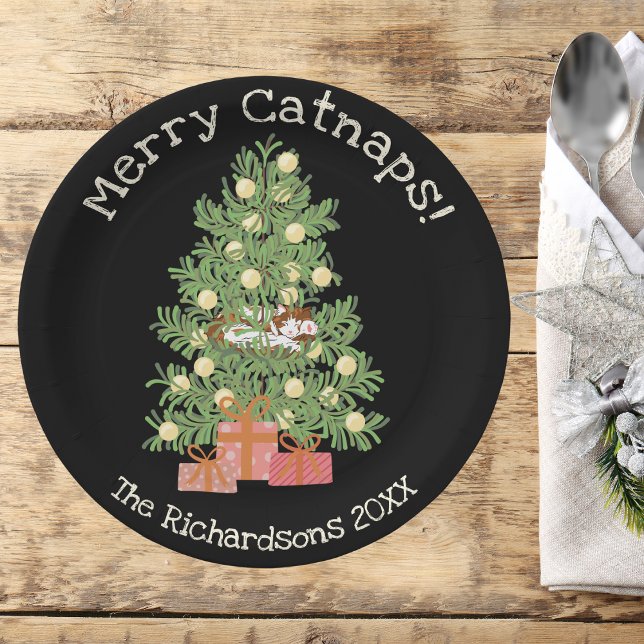 Assiettes En Carton Chat orange sur Chistmas Tree Joyeux Cataps ! Blac (Créateur téléchargé)
