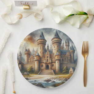 Assiettes En Carton Château médiéval au coucher du soleil avec ciel at
