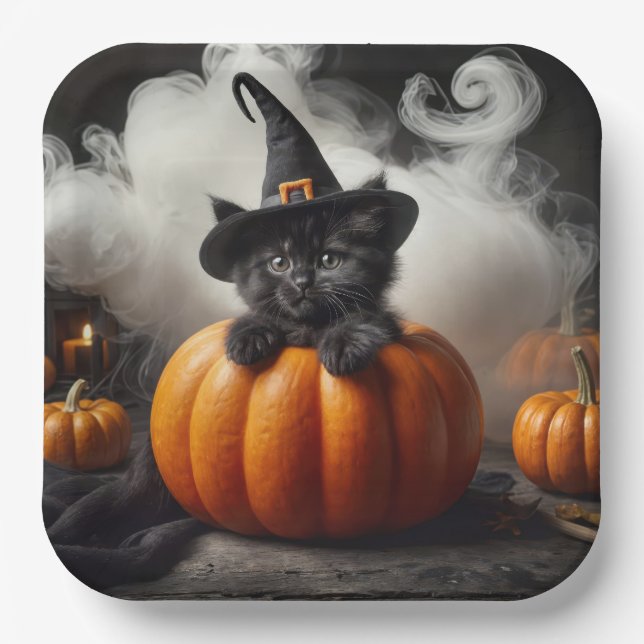 Assiettes En Carton Chaton noir Halloween dans une citrouille (Recto)